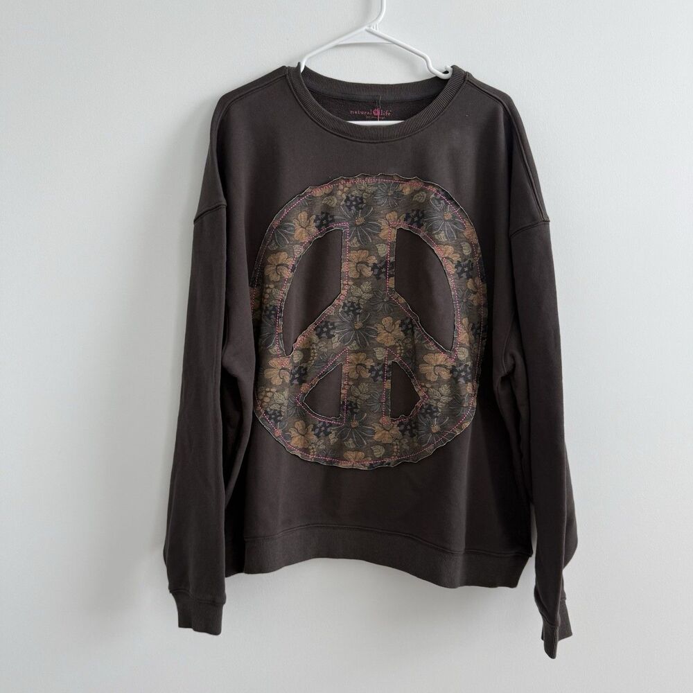 Natural Life NWT Floral Peace Sign Sweatshirt Size S/M Gray Oversized Cozy Boho